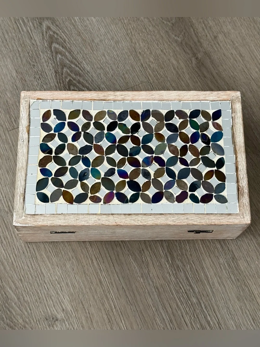 Vintage Handmade Wooden Trinket Box with Mosaic Tile Inlay and Lock